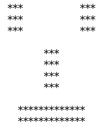 It is a face with eyes, nose, and mouth using star characters.The eyes are represented by two 3x3 star blocks with a large space between them.The nose is a 4x3 star block positioned underneath the eyes and centered between them.The mouth is a 2x13 star block at the bottom.