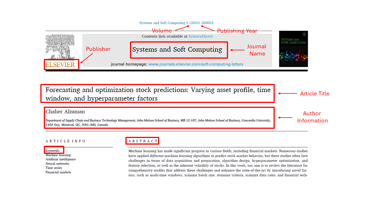 Cover of the paper with different parts highligted including volume, year, journal name, title, author.